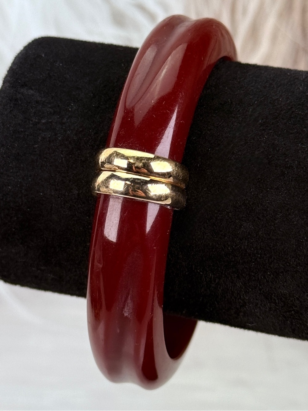 Vintage Deep Red Burgundy Hinged Bangle Gold Tone Accent Bracelet